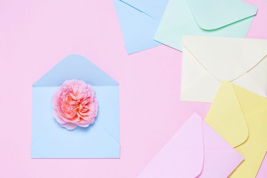 An assortment of greeting cards and envelopes on a flat background.