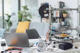 A home office desk, with a laptop, 3D printer, and other fabricating tools.