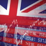 UK financial background: share prices and stock graph overlaid on an image of the Union Jack