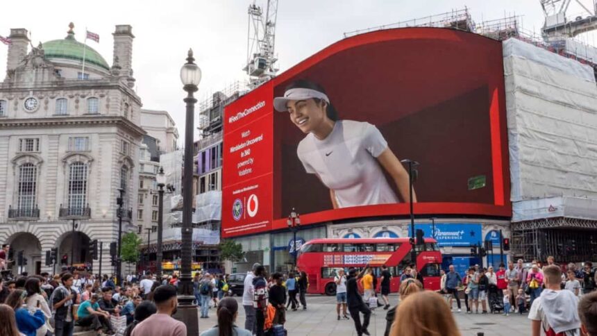 Emma Raducanu for Vodafone billboard animation at Piccadilly Circus, London